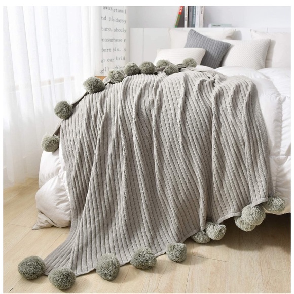 Light Grey Pompom Fringe Chic Cozy Soft Throw Blanket/Cover for Dorm/Living Room - Picture 6 of 11